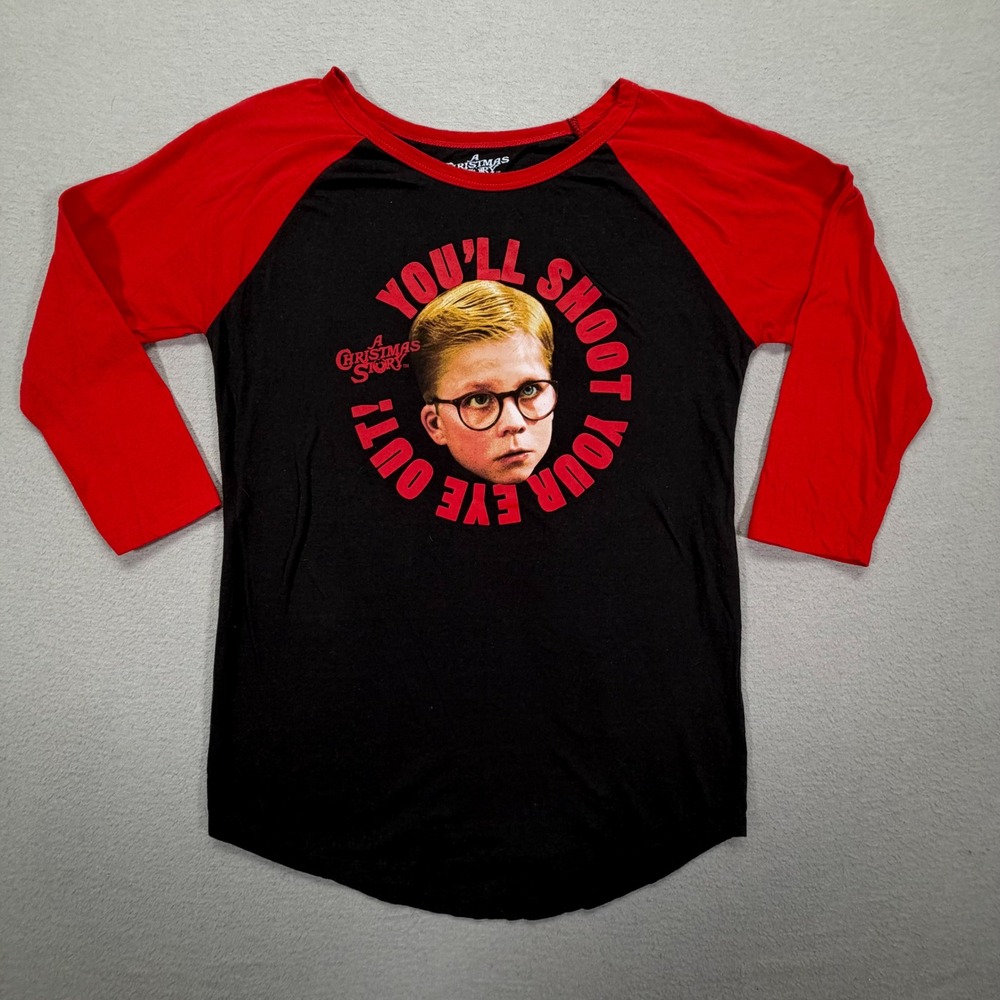 Ripple Junction Womens Graphic Tee Raglan Black Red Christmas Story Ralphie M